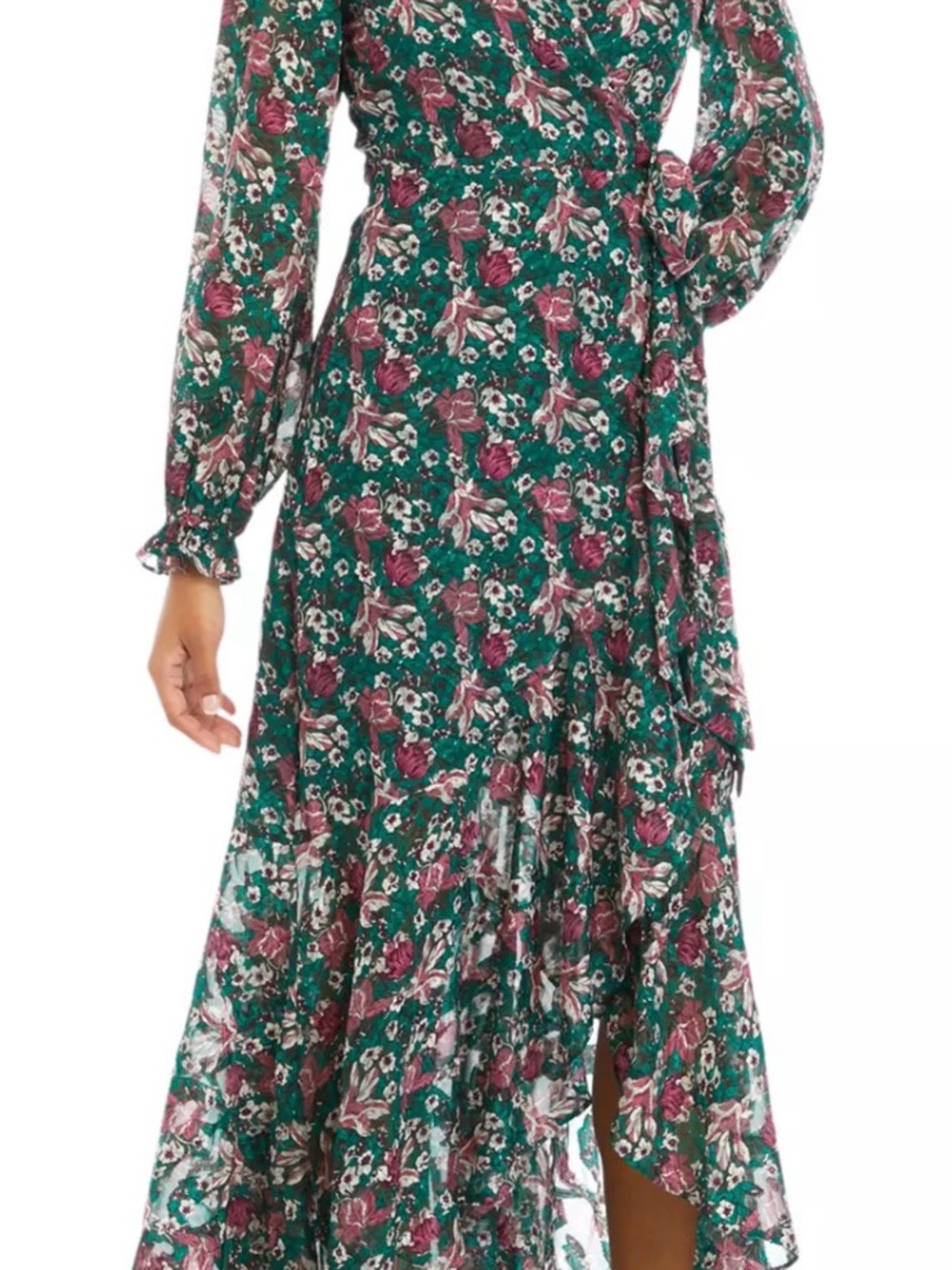 ASTR Green Floral Long-Sleeve Wrap Maxi Dress with Pink Accents